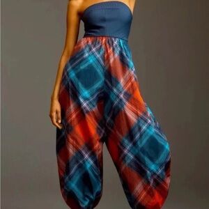 NWOT Anthropologie Maeve Gathered Balloon Jumpsuit Pockets  Blue Red Plaid XS